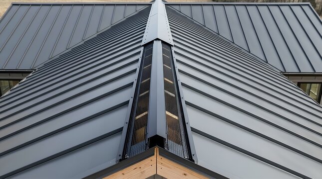 Modern dark standing seam metal roof installation with ventilated ridge cap mesh house building