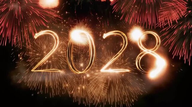 New Year's Eve celebration with dazzling fireworks and the luminous digits of 2028 glowing brightly. ..Created with Generative AI, not depicting real subjects.
