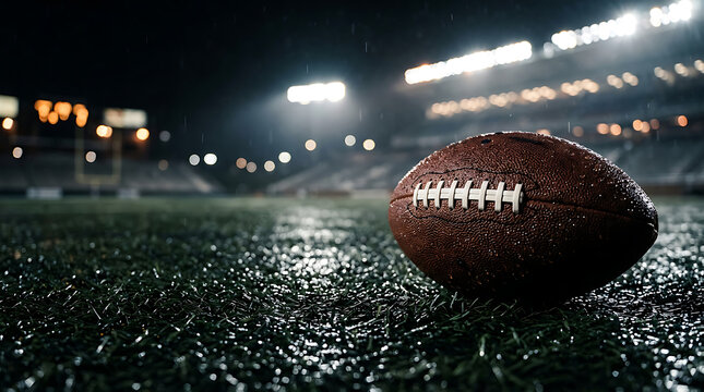 American football on wet turf field under stadium lights during a night game