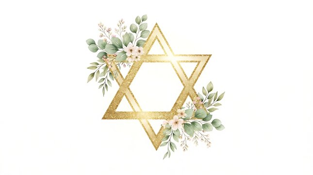 Gold star of david hexagram frame, decorated with watercolor eucalyptus leaves and small white flowers on a white background
