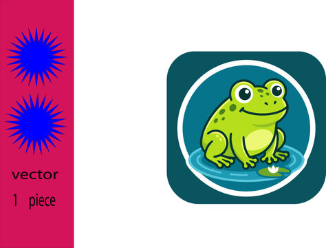 Cute Green Frog on Lily Pad Vector - Cartoon Frog App Icon Illustration