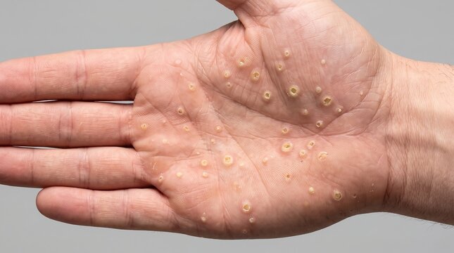 Open male palm showing multiple circular palmar warts and viral lesion papules