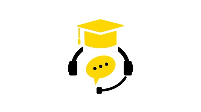 Online teaching icon featuring headphones, a speech bubble, and a graduation cap, representing digital education, remote learning, and virtual classroom communication.