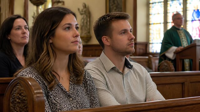 A couple sits attentively in a church pew listening to a sermon, embodying faith and community