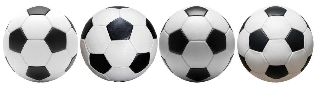 Four classic black and white soccer balls in a horizontal row, isolated on a transparent background for sports concepts.