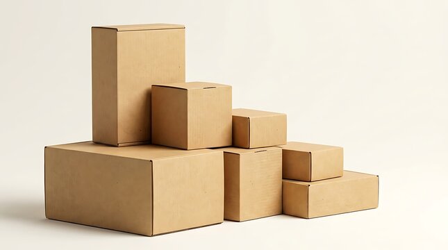 A collection of various sized cardboard shipping boxes stacked together isolated on white background