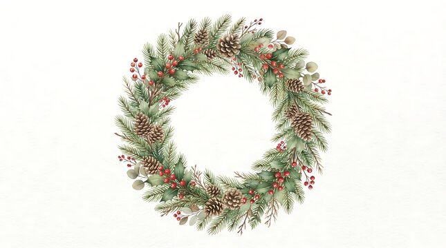 Watercolor christmas wreath with pine branches, brown pinecones, and red berries, isolated on a white background