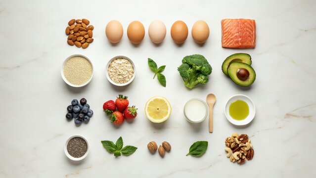 Healthy keto food flat lay, nutritious superfood ingredients on white marble, ketogenic diet meal plan with salmon and avocado