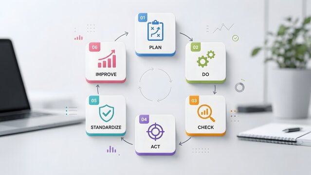 Quality management system framework on modern white icons representing corporate planning and standardized business workflow