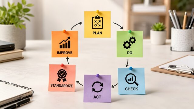 Agile project management cycle on colorful sticky notes symbolizing team collaboration brainstorming and continuous improvement