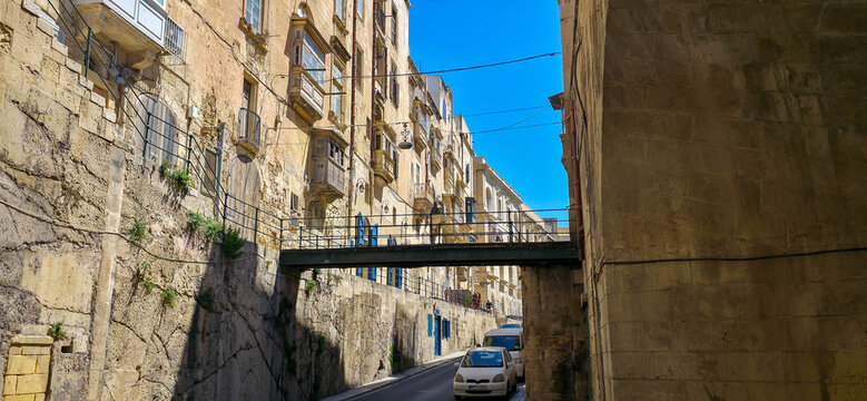Pedestrian bridge on Liesse Street which has served as a setting for several major international film productions, Valletta, Malta