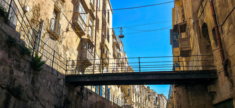Pedestrian bridge on Liesse Street which has served as a setting for several major international film productions, Valletta, Malta