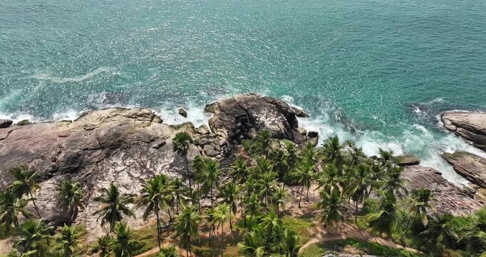 Aerial view of Karikkathi Beach near the Aazhimala Shiva Temple is a Hindu temple located on the coast of the Arabian Sea near Vizhinjam in the Thiruvananthapuram district of Kerala, India.
