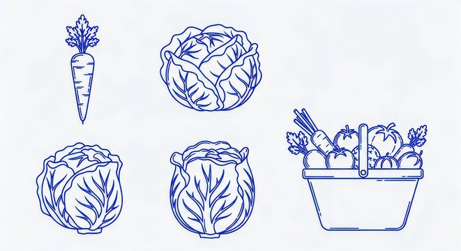 Set of fresh vegetables including cabbage carrot and tomato in a basket for healthy food drawing