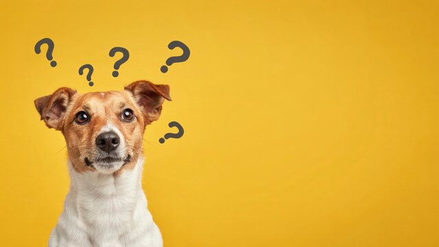 Confused Jack Russell Terrier with question marks, curious dog on yellow background, pet thinking concept with copy space