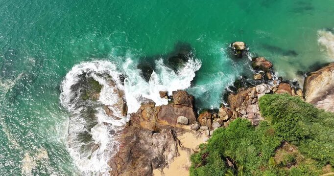 Aerial view of Karikkathi Beach near the Aazhimala Shiva Temple is a Hindu temple located on the coast of the Arabian Sea near Vizhinjam in the Thiruvananthapuram district of Kerala, India.