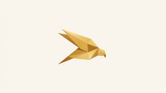 Origami bird logo, golden low poly eagle in flight, geometric paper craft falcon icon, minimalist bird silhouette on white background