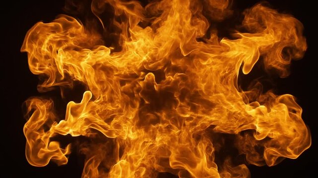 Cinematic slow-motion footage of a powerful fiery explosion forming a circular ring of intense orange flames against a dark background. Perfect for dynamic video transitions and VFX.