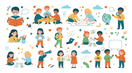 Fototapeta premium Cute diverse children playing and learning in preschool classroom.