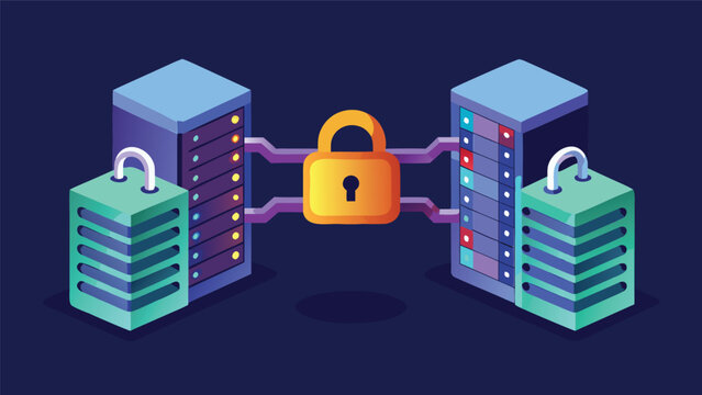Padlock connecting server racks. Data security concept for network infrastructure protection.