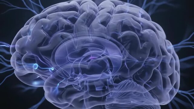 Human brain model activating glowing neural network, displaying artificial intelligence data processing, cognitive science visualization, digital synapse connection during deep thinking.