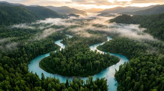 Aerial view of winding turquoise river through dense green pine forest with morning mist and mountains