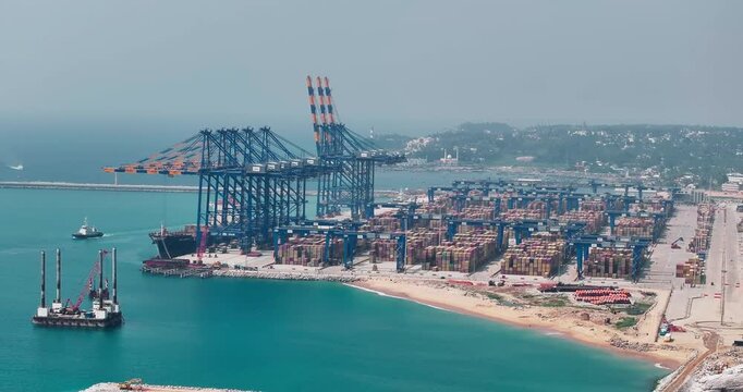 Aerial view of Vizhinjam International Seaport Ltd. (VISL) near the Aazhimala Shiva Temple, on the coast of the Arabian Sea in Vizhinjam, Thiruvananthapuram district, Kerala, India.