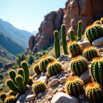 Dense, varied cacti & succulents thrive in rocky terrain, rock, ferocactus