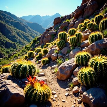 Dense, varied cacti & succulents thrive in rocky terrain, botanical, landscape, rock