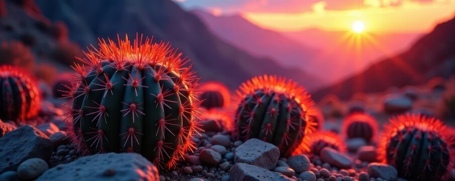 Fiery hues illuminate spiny cacti, desert magic , otherworldly, landscape, element