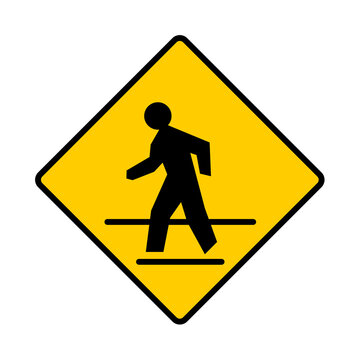 Pedestrian crossing warning sign, crosswalk safety yellow vector icon