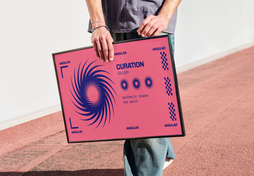 Mockup of  stands on a path and holds a blank frame mockup in their hands. The scene is simple and direct, highlighting the frame.