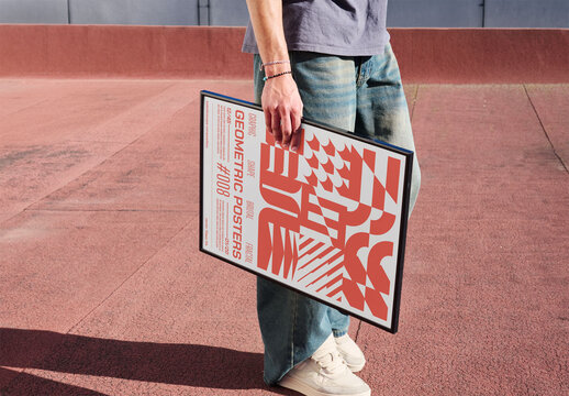 Mockup of man stands outside holding a blank frame. The setting has a red surface under a clear sky. It's daytime and the person is relaxed.