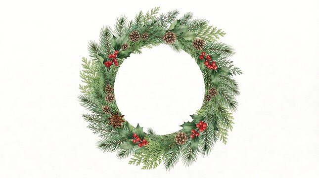 Watercolor christmas wreath with evergreen branches, pine cones, and red holly berries, isolated on a white background, circular frame