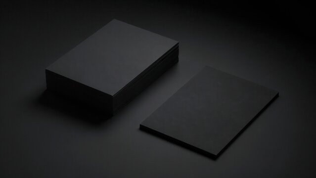A stack of black business cards rests on a dark background. Perfect for professional branding and luxury corporate identity mockups.