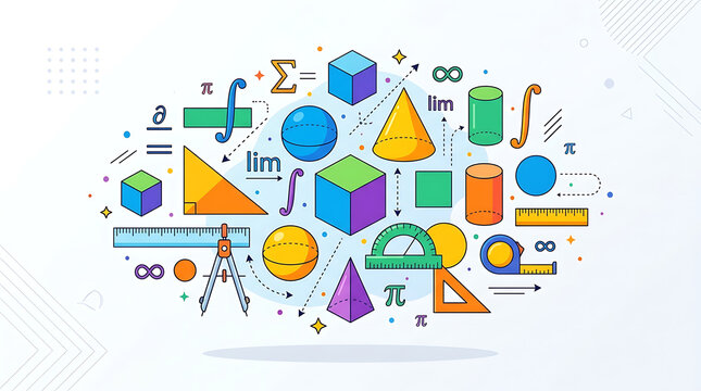 Educational Math and Geometry Concepts Featuring Geometric Shapes and Calculus Symbols