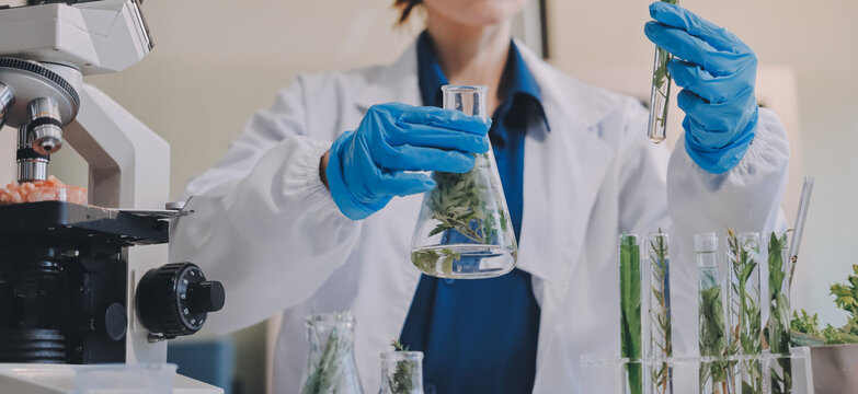 Scientists in lab coats work with plants in a modern lab, focusing on research and experimentation under bright, sterile conditions.
