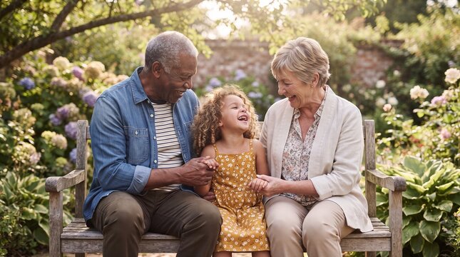 Happy Grandparents Spending Quality Time With Granddaughter in Garden