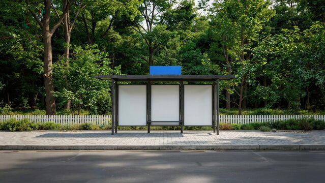 Empty bus stop with blank advertising panels set against lush trees. Ideal for outdoor advertising mockups and urban city transit branding campaigns.