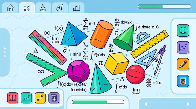 Geometric Shapes and Mathematical Formulas Floating in a Bright Educational Environment