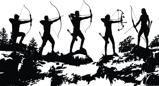 Archery silhouette vector set, male and female archers aiming bows arrows outdoor nature landscape, hunter, warrior, target, sport, hunting, compound bow.