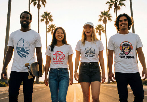 Mockup of Four friends walk down a city street during sunset. They wear matching white t-shirts and enjoy their time together.