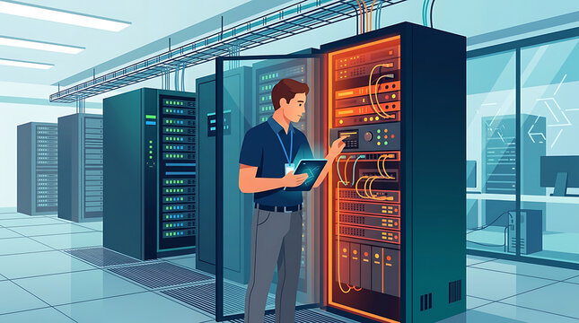 IT Technician working with servers in a modern data center, ensuring system functionality and network integrity
