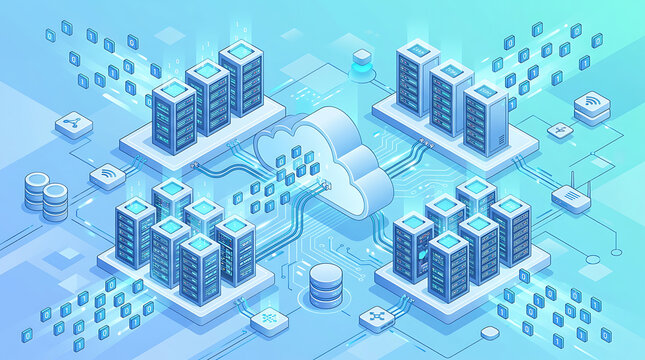 Isometric illustration of a cloud computing network with interconnected server racks and data nodes