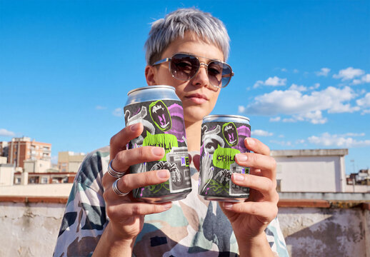 Mockup of modern young woman stands on a rooftop, holding two cans in their hands. The sky is blue with some clouds. She wear sunglasses and a patterned shirt.
