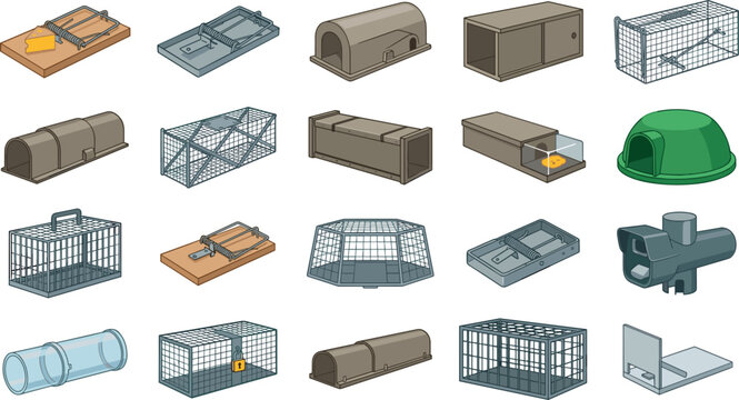 Mousetrap vector icon set featuring traditional snap traps, humane wire cage traps, plastic bait stations, catch tunnels, and commercial pest control hardware illustrations.