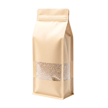 Brown paper bag with grains label on a white surface