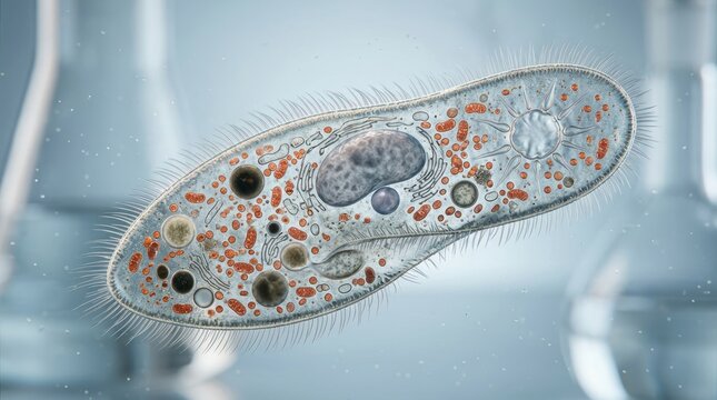 Microscopic single cell organism with internal structures and cilia in laboratory setting