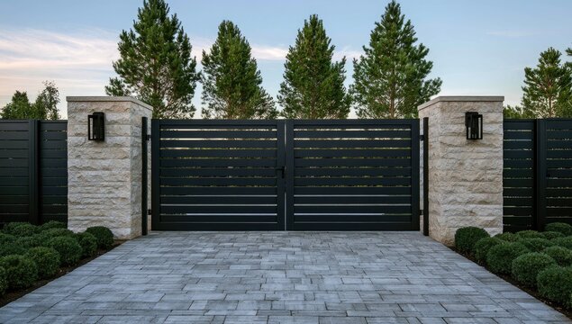 Modern black horizontal slat driveway gate with stone pillars.