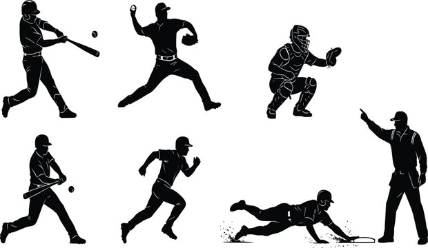 Baseball player silhouette vector set, batter, pitcher, catcher, runner sliding base, umpire, game action poses collection, sports team illustration, isolated.